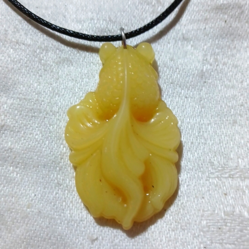 Carved goldfish pendant necklace handmade jewelry fish yellow manmade jade
